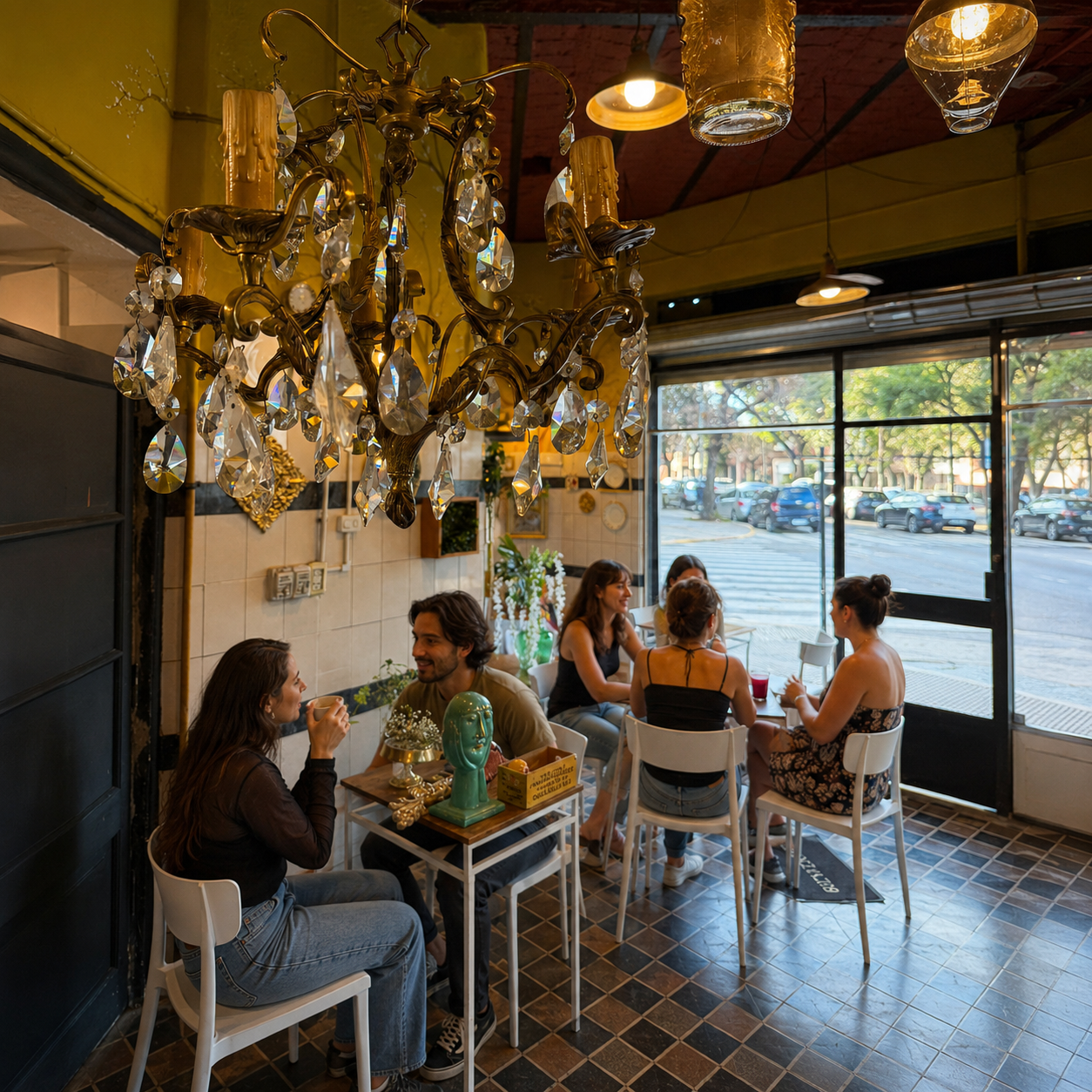 Interior de Blondie con el chandelier y amigos alrededor de la mesa